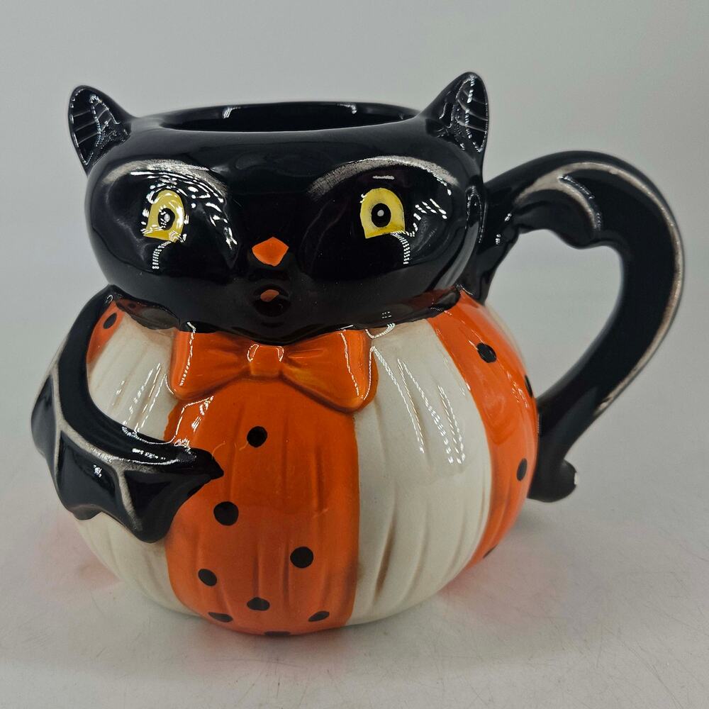 Johanna Parker Halloween Bowtie Bat Pumpkin Mug Folk Art Fall